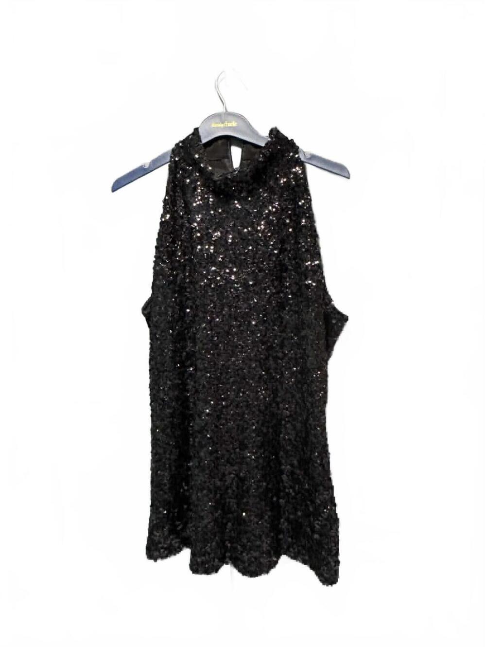 Black Sequin Sleeveless Top with High Neck 2-3x
